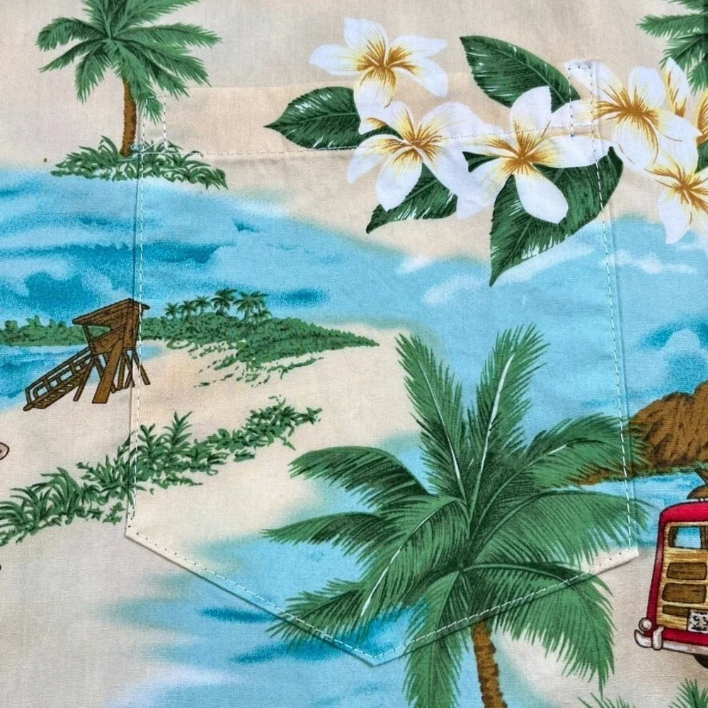 Kys Hawaiian Shirt Men XL Woody Wagon Car‎ Surf Board Tropical 100% Cotton USA